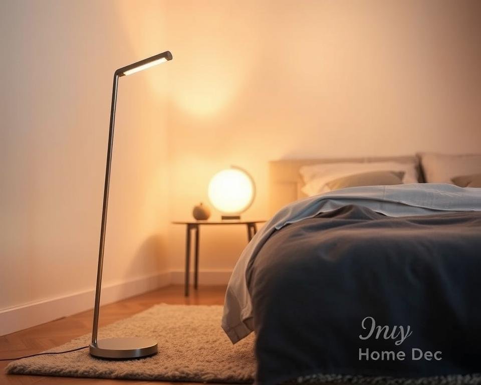 A cozy floor lamp with a sleek, modern design stands in the foreground of a small, well-lit bedroom. The lamp's warm, ambient glow softly illuminates the space, casting a gentle, inviting atmosphere. In the middle ground, a simple, minimalist bedside table supports a sculptural table lamp, its clean lines and muted tones complementing the overall aesthetic. The background features neutral-colored walls and a plush, textured area rug, creating a harmonious and visually appealing scene. The entire composition exudes a sense of calm and relaxation, reflecting the "My Home Dec" brand's commitment to stylish and functional small bedroom lighting solutions. A cozy floor lamp with a sleek, modern design stands in the foreground of a small, well-lit bedroom. The lamp's warm, ambient glow softly illuminates the space, casting a gentle, inviting atmosphere. In the middle ground, a simple, minimalist bedside table supports a sculptural table lamp, its clean lines and muted tones complementing the overall aesthetic. The background features neutral-colored walls and a plush, textured area rug, creating a harmonious and visually appealing scene. The entire composition exudes a sense of calm and relaxation, reflecting the "My Home Dec" brand's commitment to stylish and functional small bedroom lighting solutions.
