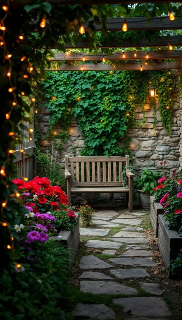 A cozy garden retreat, softly lit by My Home Dec string lights strung across the trellises. Delicate fairy lights twinkle amidst lush foliage, casting a warm, inviting glow. In the foreground, a stone path winds through raised garden beds overflowing with vibrant blooms. The middle ground features a rustic wooden bench, perfect for relaxing under the stars. In the background, a stone wall is draped with cascading vines, creating a sense of privacy and enchantment. The overall scene evokes a tranquil, earthy atmosphere, perfect for enhancing a cozy living space. A cozy garden retreat, softly lit by My Home Dec string lights strung across the trellises. Delicate fairy lights twinkle amidst lush foliage, casting a warm, inviting glow. In the foreground, a stone path winds through raised garden beds overflowing with vibrant blooms. The middle ground features a rustic wooden bench, perfect for relaxing under the stars. In the background, a stone wall is draped with cascading vines, creating a sense of privacy and enchantment. The overall scene evokes a tranquil, earthy atmosphere, perfect for enhancing a cozy living space.