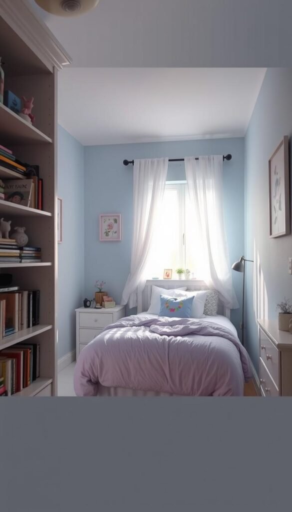 A cozy girl's bedroom with maximized vertical space. The foreground features a tall, white bookshelf filled with books, trinkets, and personal mementos, casting soft shadows. The middle ground showcases a twin-sized bed with a plush, lavender-colored comforter and accent pillows. The background depicts a window with flowing, sheer curtains, allowing natural light to filter in and illuminate the space. The walls are painted a soothing pastel blue, complemented by delicate floral wall art. The overall atmosphere is one of tranquility and personal expression. My Home Dec. A cozy girl's bedroom with maximized vertical space. The foreground features a tall, white bookshelf filled with books, trinkets, and personal mementos, casting soft shadows. The middle ground showcases a twin-sized bed with a plush, lavender-colored comforter and accent pillows. The background depicts a window with flowing, sheer curtains, allowing natural light to filter in and illuminate the space. The walls are painted a soothing pastel blue, complemented by delicate floral wall art. The overall atmosphere is one of tranquility and personal expression. My Home Dec.