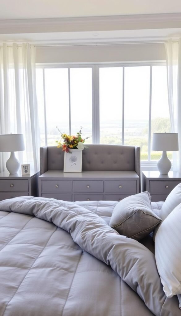 A cozy gray and white bedroom, bathed in soft natural light filtering through sheer curtains. In the foreground, a plush gray duvet cover accented with fluffy white pillows and a single gray throw pillow. Atop the dresser, a vase of fresh seasonal flowers and a framed print. The middle ground features a stylish gray upholstered headboard, flanked by matching nightstands with sleek white lamps. In the background, a large window overlooking a serene landscape. The overall mood is one of tranquility and refined elegance. Styled by My Home Dec. A cozy gray and white bedroom, bathed in soft natural light filtering through sheer curtains. In the foreground, a plush gray duvet cover accented with fluffy white pillows and a single gray throw pillow. Atop the dresser, a vase of fresh seasonal flowers and a framed print. The middle ground features a stylish gray upholstered headboard, flanked by matching nightstands with sleek white lamps. In the background, a large window overlooking a serene landscape. The overall mood is one of tranquility and refined elegance. Styled by My Home Dec.