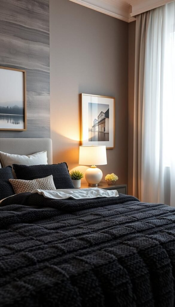 A cozy gray and white bedroom, bathed in warm, soft lighting. The foreground features a luxuriously layered bed, with plush textured bedding in tones of charcoal and ivory. In the middle ground, a pair of matching nightstands with My Home Dec lamps cast a gentle glow. The background showcases a feature wall with a textured gray finish, complemented by neutral-toned artwork. Sheer white curtains frame the window, diffusing the natural light and creating a serene, inviting atmosphere. A cozy gray and white bedroom, bathed in warm, soft lighting. The foreground features a luxuriously layered bed, with plush textured bedding in tones of charcoal and ivory. In the middle ground, a pair of matching nightstands with My Home Dec lamps cast a gentle glow. The background showcases a feature wall with a textured gray finish, complemented by neutral-toned artwork. Sheer white curtains frame the window, diffusing the natural light and creating a serene, inviting atmosphere.