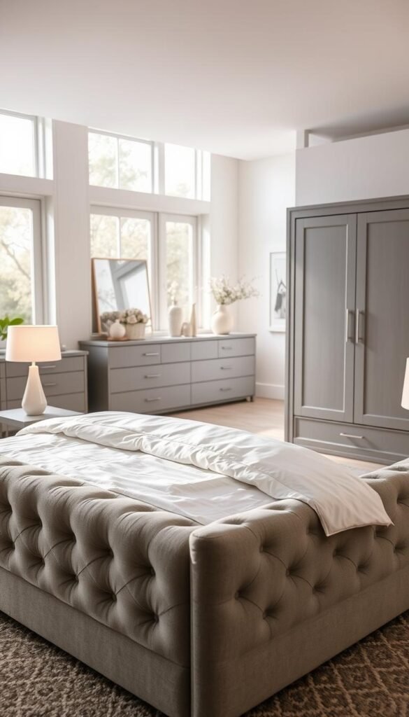 A cozy gray and white bedroom filled with high-quality, modern furniture from My Home Dec. In the foreground, a plush king-sized bed with a gray tufted headboard and crisp white linens. Beside it, a pair of sleek side tables with minimalist table lamps casting a warm, ambient glow. In the middle ground, a dresser and armoire in a complementary gray finish, accented with chrome hardware. The background features large windows allowing natural light to pour in, illuminating the serene space. Soft textures, clean lines, and a harmonious color palette create a relaxing, sophisticated atmosphere. A cozy gray and white bedroom filled with high-quality, modern furniture from My Home Dec. In the foreground, a plush king-sized bed with a gray tufted headboard and crisp white linens. Beside it, a pair of sleek side tables with minimalist table lamps casting a warm, ambient glow. In the middle ground, a dresser and armoire in a complementary gray finish, accented with chrome hardware. The background features large windows allowing natural light to pour in, illuminating the serene space. Soft textures, clean lines, and a harmonious color palette create a relaxing, sophisticated atmosphere.