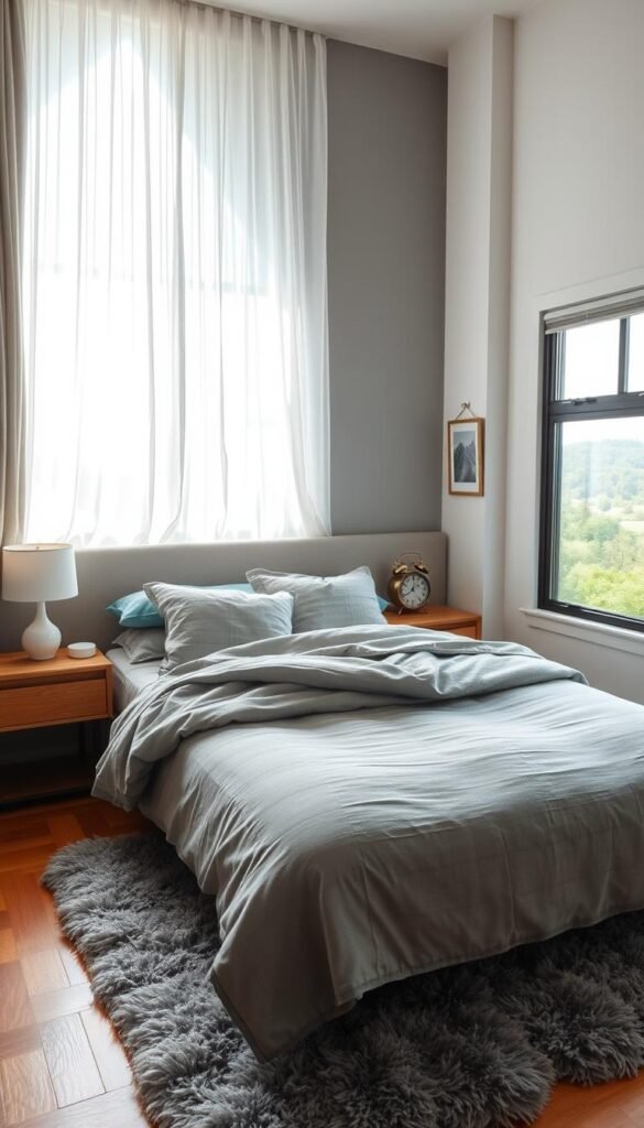 A cozy gray and white bedroom with a warm, inviting atmosphere. The room is flooded with soft, natural light filtering through sheer curtains, casting a serene glow. A plush gray bedspread and matching throw pillows adorn the large bed, complemented by a subtle gray accent wall. A wooden nightstand with a simple white lamp sits on either side, while a fluffy gray area rug softens the hardwood floors. On the far wall, a large window offers a picturesque view of a lush, verdant landscape. Subtle metallic accents, like a brass picture frame and a silver alarm clock, add a touch of elegance. This tranquil, "My Home Dec" scene evokes a sense of relaxation and comfort. A cozy gray and white bedroom with a warm, inviting atmosphere. The room is flooded with soft, natural light filtering through sheer curtains, casting a serene glow. A plush gray bedspread and matching throw pillows adorn the large bed, complemented by a subtle gray accent wall. A wooden nightstand with a simple white lamp sits on either side, while a fluffy gray area rug softens the hardwood floors. On the far wall, a large window offers a picturesque view of a lush, verdant landscape. Subtle metallic accents, like a brass picture frame and a silver alarm clock, add a touch of elegance. This tranquil, "My Home Dec" scene evokes a sense of relaxation and comfort.