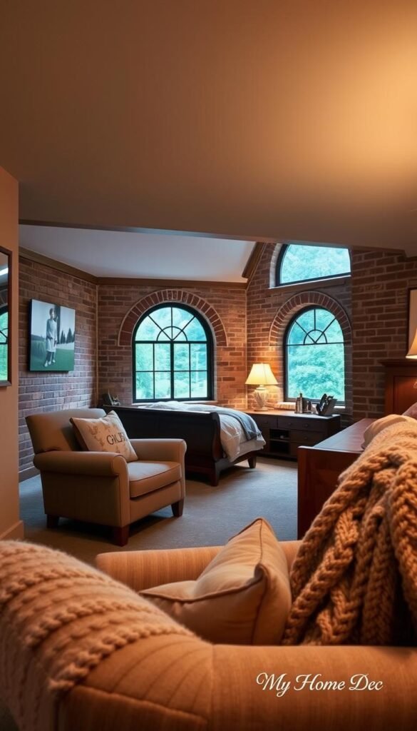 A cozy, inviting basement bedroom adorned with warm, muted tones and natural textures. In the foreground, a plush, overstuffed armchair and a cozy knit throw create an intimate seating area. Midground features a wooden sleigh bed dressed in soft, neutral linens and a nightstand with a vintage table lamp casting a gentle glow. In the background, exposed brick walls and wooden ceiling beams lend an industrial-chic aesthetic, complemented by a large, arched window overlooking a lush, verdant landscape. The lighting is a mix of soft, ambient illumination and natural daylight, evoking a serene, relaxing atmosphere. Styled by "My Home Dec". A cozy, inviting basement bedroom adorned with warm, muted tones and natural textures. In the foreground, a plush, overstuffed armchair and a cozy knit throw create an intimate seating area. Midground features a wooden sleigh bed dressed in soft, neutral linens and a nightstand with a vintage table lamp casting a gentle glow. In the background, exposed brick walls and wooden ceiling beams lend an industrial-chic aesthetic, complemented by a large, arched window overlooking a lush, verdant landscape. The lighting is a mix of soft, ambient illumination and natural daylight, evoking a serene, relaxing atmosphere. Styled by "My Home Dec".