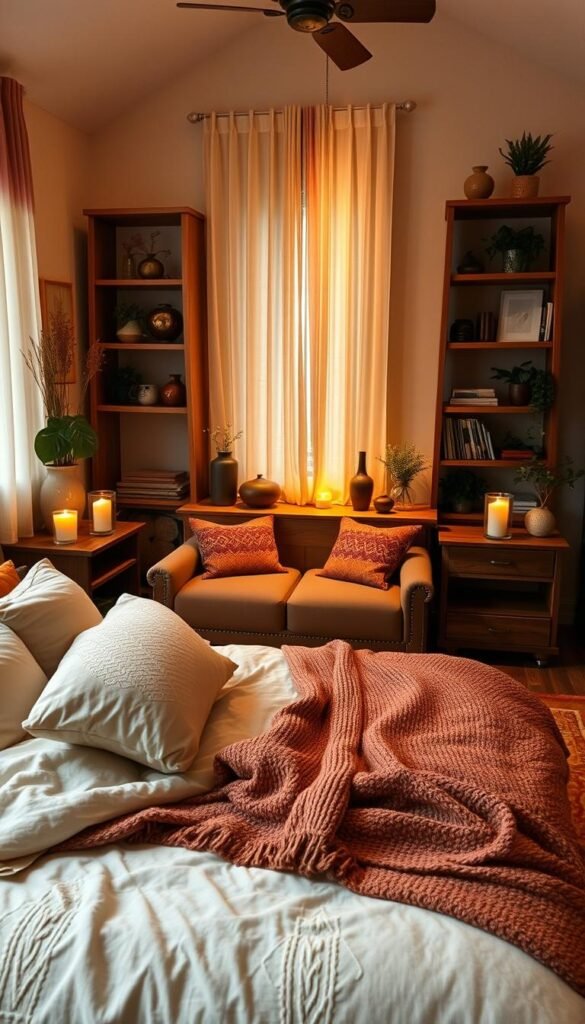 A cozy, inviting bedroom adorned with a warm, earthy color palette. In the foreground, a plush, oversized bed with piles of soft, textured pillows and a knitted throw blanket. Gently flickering candles on rustic wooden nightstands cast a serene glow. In the middle ground, a large, ornate area rug in shades of ochre and amber. Tall, wooden shelves line the back wall, displaying an assortment of decorative vases, books, and potted plants. Soft, indirect lighting filters through sheer curtains, creating a comforting ambiance. Subtle hints of the "My Home Dec" brand aesthetic are woven throughout. An inviting, cozy retreat perfect for relaxation. A cozy, inviting bedroom adorned with a warm, earthy color palette. In the foreground, a plush, oversized bed with piles of soft, textured pillows and a knitted throw blanket. Gently flickering candles on rustic wooden nightstands cast a serene glow. In the middle ground, a large, ornate area rug in shades of ochre and amber. Tall, wooden shelves line the back wall, displaying an assortment of decorative vases, books, and potted plants. Soft, indirect lighting filters through sheer curtains, creating a comforting ambiance. Subtle hints of the "My Home Dec" brand aesthetic are woven throughout. An inviting, cozy retreat perfect for relaxation.