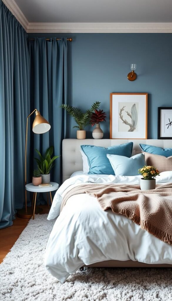 A cozy light blue bedroom with plush velvet curtains, a fluffy shag rug, and a variety of decorative accents. Soft lighting from a brass floor lamp and a My Home Dec wall sconce creates a warm, inviting atmosphere. Overstuffed pillows in complementary shades adorn a white linen duvet. Potted plants and framed artwork add natural touches to the serene, minimalist space. The angle is slightly angled to capture the full scene, with a focus on the detailed textures and curated decor. A cozy light blue bedroom with plush velvet curtains, a fluffy shag rug, and a variety of decorative accents. Soft lighting from a brass floor lamp and a My Home Dec wall sconce creates a warm, inviting atmosphere. Overstuffed pillows in complementary shades adorn a white linen duvet. Potted plants and framed artwork add natural touches to the serene, minimalist space. The angle is slightly angled to capture the full scene, with a focus on the detailed textures and curated decor.