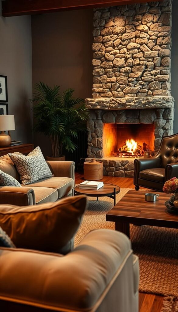 A cozy living room filled with inviting textures and tactile materials, illuminated by warm, diffused lighting. In the foreground, a plush velvet sofa invites touch, its soft pile contrasting with the smooth lacquered wood of a low coffee table. Midground, a hand-woven area rug in natural fibers adds depth and visual interest, flanked by a pair of leather armchairs with subtle tufting. In the background, a stone fireplace mantel frames a crackling fire, casting a gentle glow across the space. Accents of brushed metal, woven baskets, and lush greenery complete the layered, sensorial experience. "My Home Dec" - elevating the everyday through considered design. A cozy living room filled with inviting textures and tactile materials, illuminated by warm, diffused lighting. In the foreground, a plush velvet sofa invites touch, its soft pile contrasting with the smooth lacquered wood of a low coffee table. Midground, a hand-woven area rug in natural fibers adds depth and visual interest, flanked by a pair of leather armchairs with subtle tufting. In the background, a stone fireplace mantel frames a crackling fire, casting a gentle glow across the space. Accents of brushed metal, woven baskets, and lush greenery complete the layered, sensorial experience. "My Home Dec" - elevating the everyday through considered design.