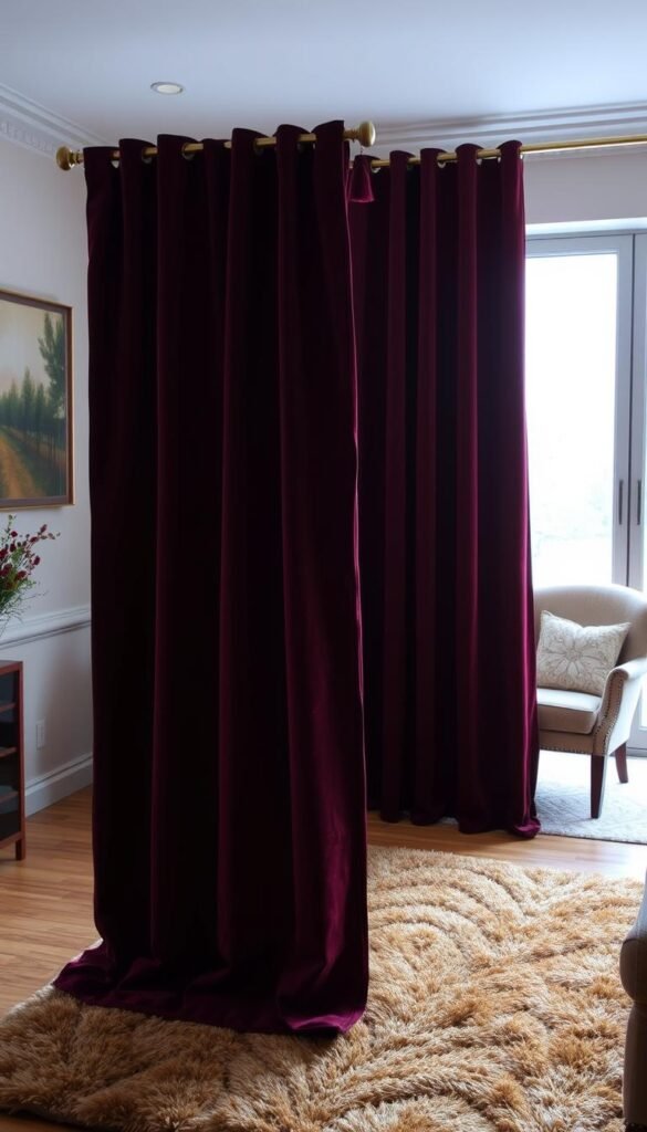 A cozy living room with seasonal curtains in a warm, inviting palette. In the foreground, a pair of rich burgundy velvet curtains with a subtle sheen, accented by decorative tassels. In the middle ground, a lush, earthy-toned area rug and a vintage armchair. In the background, a large window overlooking a snowy landscape, with a My Home Dec brass curtain rod supporting the curtains. The lighting is soft and diffused, creating a serene, welcoming atmosphere. A cozy living room with seasonal curtains in a warm, inviting palette. In the foreground, a pair of rich burgundy velvet curtains with a subtle sheen, accented by decorative tassels. In the middle ground, a lush, earthy-toned area rug and a vintage armchair. In the background, a large window overlooking a snowy landscape, with a My Home Dec brass curtain rod supporting the curtains. The lighting is soft and diffused, creating a serene, welcoming atmosphere.