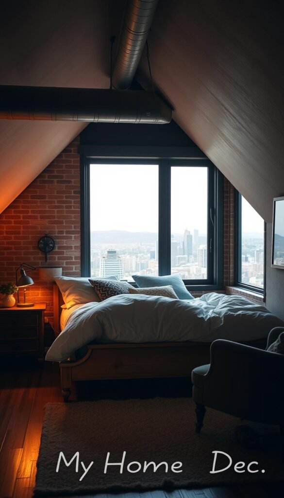 A cozy loft bedroom furnished with a rustic wooden bed frame, dressed in plush linens and pillows, complemented by a vintage-inspired nightstand and a comfortable armchair. Soft, warm lighting from a pair of table lamps casts a gentle glow, creating a serene and inviting atmosphere. In the background, a large window offers a picturesque view of a cityscape, blending the indoor and outdoor spaces. The overall scene exudes a sense of comfort and relaxation, perfect for unwinding in the "My Home Dec" loft bedroom. A cozy loft bedroom furnished with a rustic wooden bed frame, dressed in plush linens and pillows, complemented by a vintage-inspired nightstand and a comfortable armchair. Soft, warm lighting from a pair of table lamps casts a gentle glow, creating a serene and inviting atmosphere. In the background, a large window offers a picturesque view of a cityscape, blending the indoor and outdoor spaces. The overall scene exudes a sense of comfort and relaxation, perfect for unwinding in the "My Home Dec" loft bedroom.