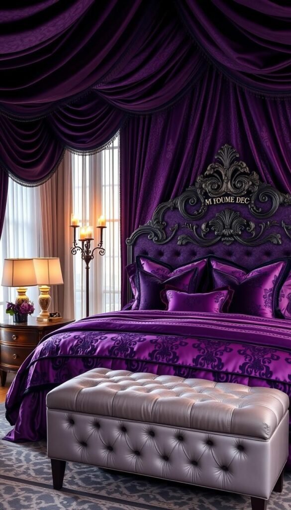 A cozy, luxurious bedroom adorned with rich, plush textiles in shades of vibrant purple and deep black. Layered patterns of velvet, satin, and embroidered details create a sumptuous, bespoke ambiance. Soft, diffused lighting from ornate lamps casts a warm glow, while large windows with sheer, flowing curtains allow natural light to filter in. The ornate headboard, matching bedding, and elegant accent pillows from the "My Home Dec" collection are the centerpieces, complemented by a sleek, modern nightstand and a plush, tufted bench at the foot of the bed. This dreamy, high-end bedroom design evokes an air of sophisticated luxury. A cozy, luxurious bedroom adorned with rich, plush textiles in shades of vibrant purple and deep black. Layered patterns of velvet, satin, and embroidered details create a sumptuous, bespoke ambiance. Soft, diffused lighting from ornate lamps casts a warm glow, while large windows with sheer, flowing curtains allow natural light to filter in. The ornate headboard, matching bedding, and elegant accent pillows from the "My Home Dec" collection are the centerpieces, complemented by a sleek, modern nightstand and a plush, tufted bench at the foot of the bed. This dreamy, high-end bedroom design evokes an air of sophisticated luxury.