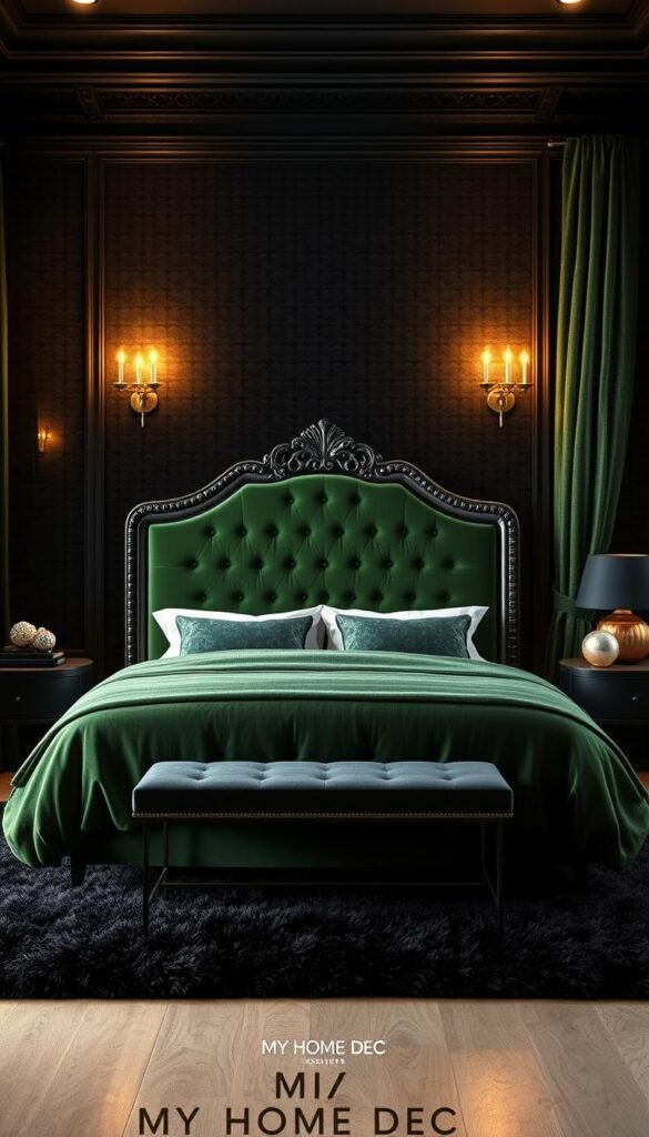A cozy, luxurious black and green bedroom with a focus on wall treatments for maximum visual impact. A large, ornate green velvet headboard takes center stage, framed by intricate black lattice patterns on the walls. Soft, warm lighting from a pair of brass mid-century modern sconces casts a glow, creating a moody, sophisticated atmosphere. Lush, textured green curtains frame the windows, while a plush black area rug grounds the space. Accents of brass and natural wood elements bring warmth and depth. This bedroom, designed by My Home Dec, is a masterful blend of bold colors, textures, and striking architectural details. A cozy, luxurious black and green bedroom with a focus on wall treatments for maximum visual impact. A large, ornate green velvet headboard takes center stage, framed by intricate black lattice patterns on the walls. Soft, warm lighting from a pair of brass mid-century modern sconces casts a glow, creating a moody, sophisticated atmosphere. Lush, textured green curtains frame the windows, while a plush black area rug grounds the space. Accents of brass and natural wood elements bring warmth and depth. This bedroom, designed by My Home Dec, is a masterful blend of bold colors, textures, and striking architectural details.