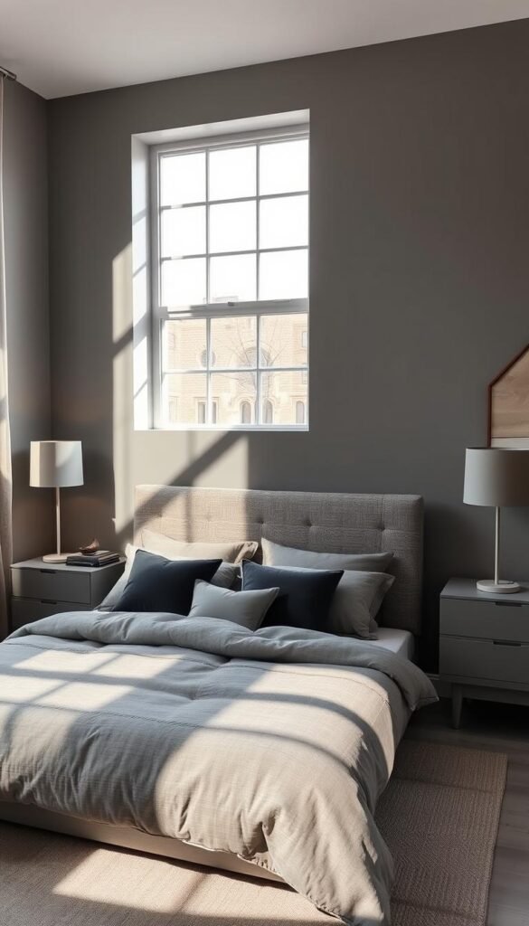 A cozy, minimalist bedroom showcasing a range of subtle grey tones. The room features a plush grey bedding set with a textured headboard, accented by soft, charcoal grey throw pillows. A large, floor-to-ceiling window floods the space with natural light, casting warm shadows that create depth and dimension. Sleek, grey-toned furniture, including a low-profile dresser and nightstands, complement the color scheme. The walls are painted in a versatile, mid-tone grey, providing a calming backdrop. Subtle, ambient lighting from grey-shaded lamps adds to the serene, atmospheric feel. Carefully curated decor, such as a large, framed mirror and minimal artwork, complete the "My Home Dec" aesthetic. A cozy, minimalist bedroom showcasing a range of subtle grey tones. The room features a plush grey bedding set with a textured headboard, accented by soft, charcoal grey throw pillows. A large, floor-to-ceiling window floods the space with natural light, casting warm shadows that create depth and dimension. Sleek, grey-toned furniture, including a low-profile dresser and nightstands, complement the color scheme. The walls are painted in a versatile, mid-tone grey, providing a calming backdrop. Subtle, ambient lighting from grey-shaded lamps adds to the serene, atmospheric feel. Carefully curated decor, such as a large, framed mirror and minimal artwork, complete the "My Home Dec" aesthetic.