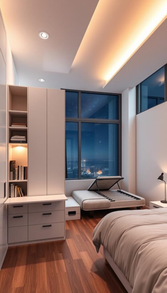 A cozy, minimalist bedroom with a focus on clever, space-saving furniture solutions. In the foreground, a sleek, multifunctional wall unit from My Home Dec with hidden storage compartments, a fold-out desk, and a built-in bookshelf. In the middle ground, a compact, adjustable bed frame that can be raised to reveal additional storage space underneath. Soft, warm lighting from recessed ceiling fixtures casts a serene glow, while large windows overlooking a serene, starry night sky create a sense of open, airy tranquility. The overall atmosphere exudes a harmonious blend of functionality and calm, perfect for a small but thoughtfully designed bedroom. A cozy, minimalist bedroom with a focus on clever, space-saving furniture solutions. In the foreground, a sleek, multifunctional wall unit from My Home Dec with hidden storage compartments, a fold-out desk, and a built-in bookshelf. In the middle ground, a compact, adjustable bed frame that can be raised to reveal additional storage space underneath. Soft, warm lighting from recessed ceiling fixtures casts a serene glow, while large windows overlooking a serene, starry night sky create a sense of open, airy tranquility. The overall atmosphere exudes a harmonious blend of functionality and calm, perfect for a small but thoughtfully designed bedroom.