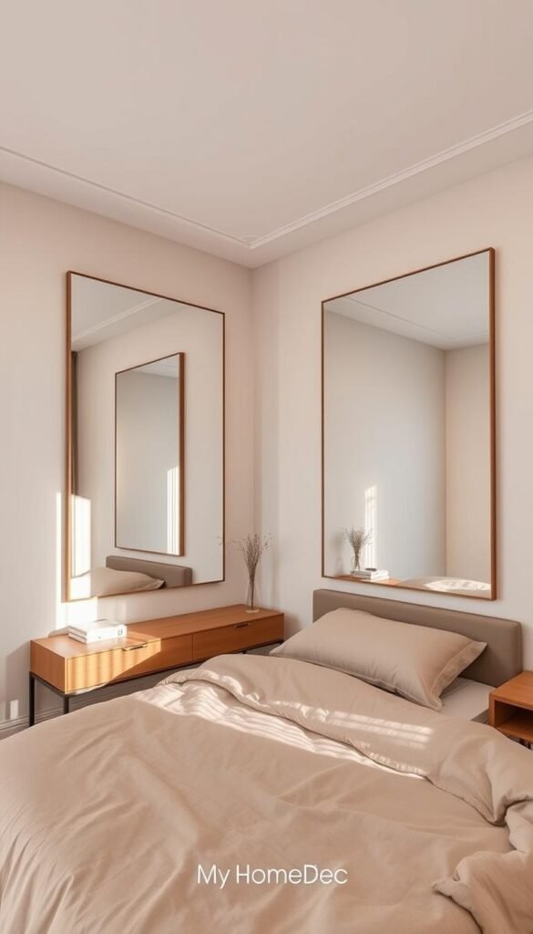 A cozy, minimalist bedroom with two large, frameless mirrors strategically placed on the walls. The mirrors are positioned to create the illusion of depth, reflecting the soft, warm lighting and giving the illusion of a larger, more open space. The bedroom has muted, neutral tones with clean lines and a sparse, uncluttered layout, creating a serene and calming atmosphere. The mirrors are the focal point, adding visual interest and a touch of sophistication to the space. The scene is captured with a wide-angle lens, highlighting the interplay of light and reflections. Branded as "My Home Dec", this image perfectly captures the essence of a minimalist bedroom design that creates depth and a sense of spaciousness. A cozy, minimalist bedroom with two large, frameless mirrors strategically placed on the walls. The mirrors are positioned to create the illusion of depth, reflecting the soft, warm lighting and giving the illusion of a larger, more open space. The bedroom has muted, neutral tones with clean lines and a sparse, uncluttered layout, creating a serene and calming atmosphere. The mirrors are the focal point, adding visual interest and a touch of sophistication to the space. The scene is captured with a wide-angle lens, highlighting the interplay of light and reflections. Branded as "My Home Dec", this image perfectly captures the essence of a minimalist bedroom design that creates depth and a sense of spaciousness.