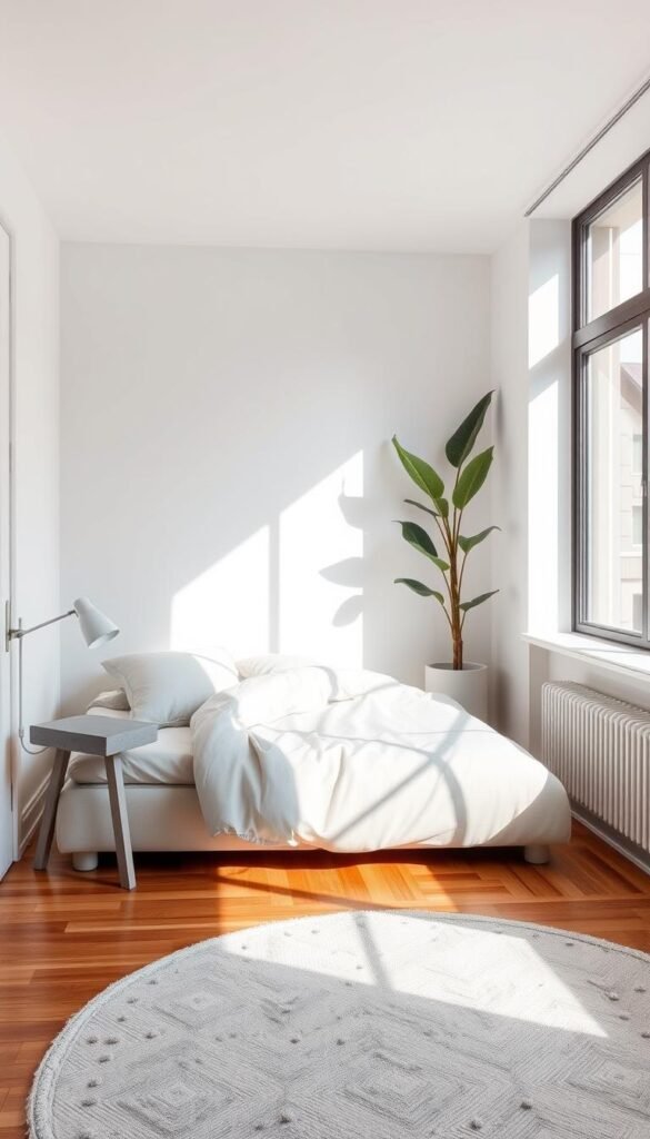 A cozy, minimalist gray and white bedroom in a small, well-lit space. A low bed with a simple white comforter and gray linen textiles sits against a white wall. Nearby, a small, angular bedside table with a smooth gray concrete surface and a sleek white lamp. In the corner, a tall, slender plant in a white ceramic pot, casting soft shadows. The hardwood floor is dotted with a plush, neutral-toned area rug. Warm, diffused natural light streams in through large windows, creating a serene, calming atmosphere. Capturing the essence of a My Home Dec-worthy small space solution for a gray and white bedroom. A cozy, minimalist gray and white bedroom in a small, well-lit space. A low bed with a simple white comforter and gray linen textiles sits against a white wall. Nearby, a small, angular bedside table with a smooth gray concrete surface and a sleek white lamp. In the corner, a tall, slender plant in a white ceramic pot, casting soft shadows. The hardwood floor is dotted with a plush, neutral-toned area rug. Warm, diffused natural light streams in through large windows, creating a serene, calming atmosphere. Capturing the essence of a My Home Dec-worthy small space solution for a gray and white bedroom.