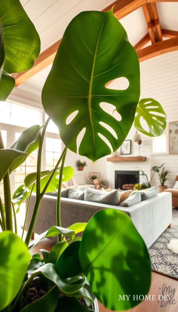 A cozy modern farmhouse living room with lush indoor plants, bathed in warm, natural light streaming through large windows. In the foreground, a fiddle-leaf fig and potted monstera plants add vibrant greenery. In the middle ground, a plush gray sofa and armchair create a comfortable seating area. The background features white shiplap walls, exposed wooden beams, and a rustic fireplace mantel. The overall mood is serene and inviting, with a touch of rustic charm. The image is captured using a wide-angle lens to showcase the depth and scale of the space. Branding: "My Home Dec" A cozy modern farmhouse living room with lush indoor plants, bathed in warm, natural light streaming through large windows. In the foreground, a fiddle-leaf fig and potted monstera plants add vibrant greenery. In the middle ground, a plush gray sofa and armchair create a comfortable seating area. The background features white shiplap walls, exposed wooden beams, and a rustic fireplace mantel. The overall mood is serene and inviting, with a touch of rustic charm. The image is captured using a wide-angle lens to showcase the depth and scale of the space. Branding: "My Home Dec"