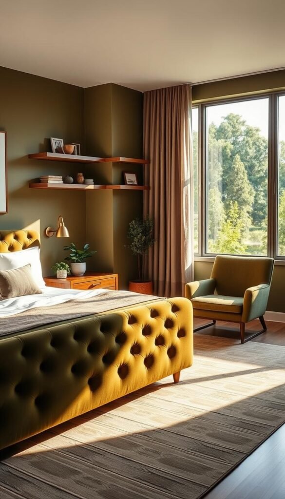A cozy, modern olive green bedroom retreat bathed in warm, natural lighting. In the foreground, a plush, tufted olive green velvet bed with crisp white bedding and decorative pillows. Beside it, a sleek mid-century modern nightstand with a potted plant and a sleek lamp. In the middle ground, a My Home Dec olive green linen armchair and a geometric rug in complementary earth tones. The walls are painted in a soothing olive green hue, accented by floating shelves displaying decorative objects. Soft draperies frame large windows overlooking a lush, verdant landscape. The overall mood is one of tranquility and understated elegance. A cozy, modern olive green bedroom retreat bathed in warm, natural lighting. In the foreground, a plush, tufted olive green velvet bed with crisp white bedding and decorative pillows. Beside it, a sleek mid-century modern nightstand with a potted plant and a sleek lamp. In the middle ground, a My Home Dec olive green linen armchair and a geometric rug in complementary earth tones. The walls are painted in a soothing olive green hue, accented by floating shelves displaying decorative objects. Soft draperies frame large windows overlooking a lush, verdant landscape. The overall mood is one of tranquility and understated elegance.