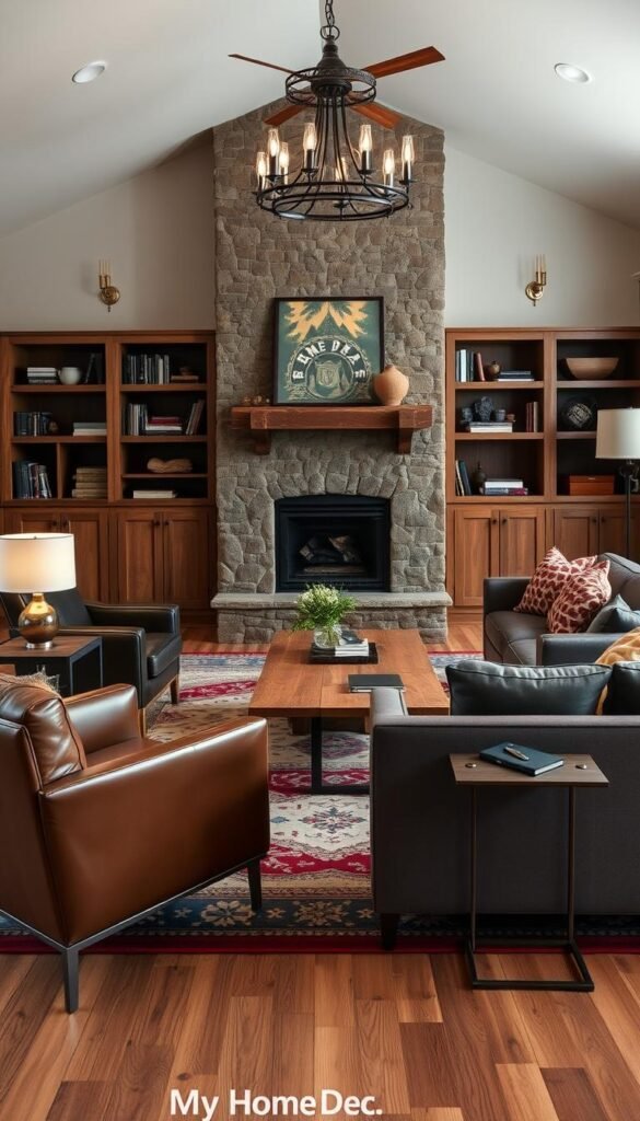 A cozy mountain living room showcasing a thoughtfully curated selection of "My Home Dec" furniture. In the foreground, a plush leather armchair and a sleek mid-century modern sofa sit atop a vintage-inspired area rug. In the middle ground, a rustic wooden coffee table is flanked by industrial-style side tables with warm metallic accents. The background features a stone fireplace surrounded by built-in bookshelves, creating a inviting ambiance. Soft lighting from wall sconces and a modern chandelier gently illuminates the space, evoking a serene, cabin-like atmosphere. A cozy mountain living room showcasing a thoughtfully curated selection of "My Home Dec" furniture. In the foreground, a plush leather armchair and a sleek mid-century modern sofa sit atop a vintage-inspired area rug. In the middle ground, a rustic wooden coffee table is flanked by industrial-style side tables with warm metallic accents. The background features a stone fireplace surrounded by built-in bookshelves, creating a inviting ambiance. Soft lighting from wall sconces and a modern chandelier gently illuminates the space, evoking a serene, cabin-like atmosphere.