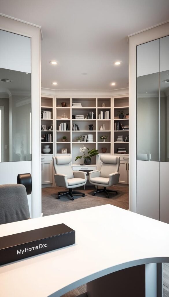 A cozy office interior with strategic placement of mirrors to create an illusion of depth and spaciousness. In the foreground, a sleek, modern desk with a My Home Dec branded desktop organizer. Mirrors are positioned on the side walls, angled to reflect natural light and create a sense of openness. In the middle ground, plush, ergonomic office chairs in a muted color palette complement the minimalist design. The background features built-in shelving units, with books, plants, and decorative accents that add warmth and personality to the space. Soft, diffused lighting from overhead fixtures and a large window creates a calming, productive atmosphere. A cozy office interior with strategic placement of mirrors to create an illusion of depth and spaciousness. In the foreground, a sleek, modern desk with a My Home Dec branded desktop organizer. Mirrors are positioned on the side walls, angled to reflect natural light and create a sense of openness. In the middle ground, plush, ergonomic office chairs in a muted color palette complement the minimalist design. The background features built-in shelving units, with books, plants, and decorative accents that add warmth and personality to the space. Soft, diffused lighting from overhead fixtures and a large window creates a calming, productive atmosphere.