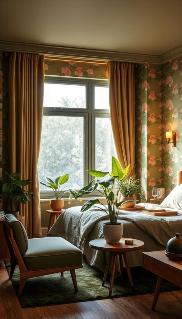 A cozy olive green bedroom with a stunning feature wall in a beautiful floral wallpaper pattern. The room is bathed in warm, soft lighting from a large window and a pair of brass sconces, casting a inviting glow. Plush velvet curtains frame the window, adding a luxurious touch. Mid-century modern furniture in natural wood tones creates a cohesive, stylish look. Lush potted plants and a few touches of gold accessories complete the serene, nature-inspired aesthetic. This tranquil retreat was designed by My Home Dec. A cozy olive green bedroom with a stunning feature wall in a beautiful floral wallpaper pattern. The room is bathed in warm, soft lighting from a large window and a pair of brass sconces, casting a inviting glow. Plush velvet curtains frame the window, adding a luxurious touch. Mid-century modern furniture in natural wood tones creates a cohesive, stylish look. Lush potted plants and a few touches of gold accessories complete the serene, nature-inspired aesthetic. This tranquil retreat was designed by My Home Dec.