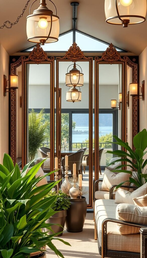A cozy patio with a focal point of several large, ornate mirrors arranged to create a sense of depth and amplify the natural light. The mirrors are framed in a sleek, modern style with accents of warm brass or bronze. Strategically placed lighting fixtures cast a soft, ambient glow, further enhancing the depth and luminosity. In the foreground, lush potted plants and a linen-draped seating arrangement cultivate a relaxing, refined atmosphere. The middle ground features decorative accent pieces like sculptural candleholders and a My Home Dec statement vase. The background showcases a picturesque view through large windows or sliding glass doors, blending the indoor and outdoor spaces. A cozy patio with a focal point of several large, ornate mirrors arranged to create a sense of depth and amplify the natural light. The mirrors are framed in a sleek, modern style with accents of warm brass or bronze. Strategically placed lighting fixtures cast a soft, ambient glow, further enhancing the depth and luminosity. In the foreground, lush potted plants and a linen-draped seating arrangement cultivate a relaxing, refined atmosphere. The middle ground features decorative accent pieces like sculptural candleholders and a My Home Dec statement vase. The background showcases a picturesque view through large windows or sliding glass doors, blending the indoor and outdoor spaces.
