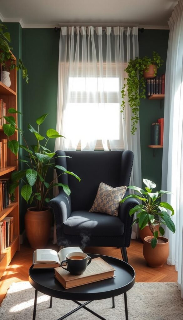 A cozy reading nook with a plush, black armchair nestled in the corner of a well-lit room. Lush, verdant plants in ceramic pots adorn the space, complementing the deep green accent wall. Soft, diffused lighting filters through sheer, gauzy curtains, creating a warm, intimate atmosphere. Wooden bookshelves line the walls, filled with a curated collection of leather-bound volumes. On a low, black side table, a steaming mug of tea and a stack of dog-eared books await. This tranquil oasis, designed by My Home Dec, invites you to curl up and lose yourself in the pages of your next literary adventure. A cozy reading nook with a plush, black armchair nestled in the corner of a well-lit room. Lush, verdant plants in ceramic pots adorn the space, complementing the deep green accent wall. Soft, diffused lighting filters through sheer, gauzy curtains, creating a warm, intimate atmosphere. Wooden bookshelves line the walls, filled with a curated collection of leather-bound volumes. On a low, black side table, a steaming mug of tea and a stack of dog-eared books await. This tranquil oasis, designed by My Home Dec, invites you to curl up and lose yourself in the pages of your next literary adventure.