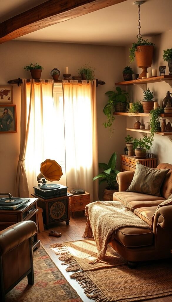 A cozy, rustic boho living room with a vintage gramophone playing soulful vinyl tunes. Plush, earth-toned textiles and hand-woven rugs create a warm, inviting ambiance. Driftwood shelves display an eclectic mix of potted plants, candles, and antique trinkets. Soft, natural light filters through sheer curtains, casting a golden glow. A worn leather armchair and a tufted velvet sofa invite relaxation. The room exudes a sense of timeless, laid-back charm. My Home Dec. A cozy, rustic boho living room with a vintage gramophone playing soulful vinyl tunes. Plush, earth-toned textiles and hand-woven rugs create a warm, inviting ambiance. Driftwood shelves display an eclectic mix of potted plants, candles, and antique trinkets. Soft, natural light filters through sheer curtains, casting a golden glow. A worn leather armchair and a tufted velvet sofa invite relaxation. The room exudes a sense of timeless, laid-back charm. My Home Dec.