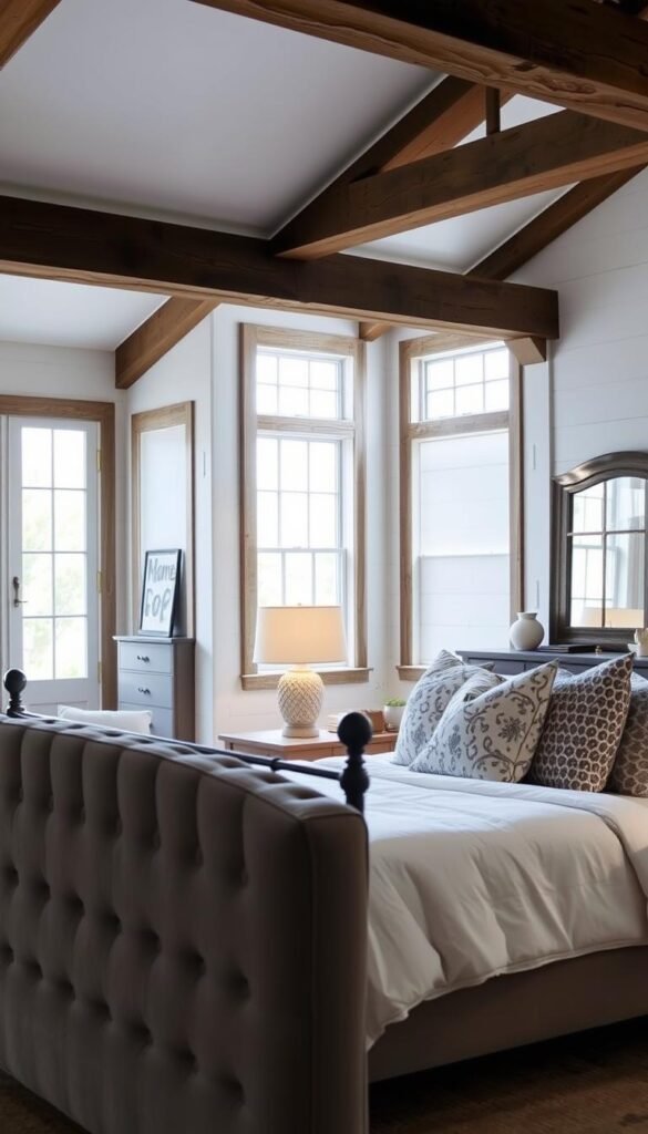 A cozy, rustic-inspired gray and white bedroom with an abundance of natural light filtering through large windows. In the foreground, a plush, tufted gray headboard frames a wrought-iron bed, adorned with crisp white linens and a mix of patterned gray and white throw pillows. The middle ground features a wooden nightstand with a My Home Dec lamp, casting a warm glow, and a dresser with a vintage-inspired mirror. The background showcases exposed beams, whitewashed walls, and a neutral-toned area rug, evoking a sense of relaxed, farmhouse-chic elegance. The overall atmosphere is one of tranquility and comfort, with soft lighting and a harmonious color palette. A cozy, rustic-inspired gray and white bedroom with an abundance of natural light filtering through large windows. In the foreground, a plush, tufted gray headboard frames a wrought-iron bed, adorned with crisp white linens and a mix of patterned gray and white throw pillows. The middle ground features a wooden nightstand with a My Home Dec lamp, casting a warm glow, and a dresser with a vintage-inspired mirror. The background showcases exposed beams, whitewashed walls, and a neutral-toned area rug, evoking a sense of relaxed, farmhouse-chic elegance. The overall atmosphere is one of tranquility and comfort, with soft lighting and a harmonious color palette.