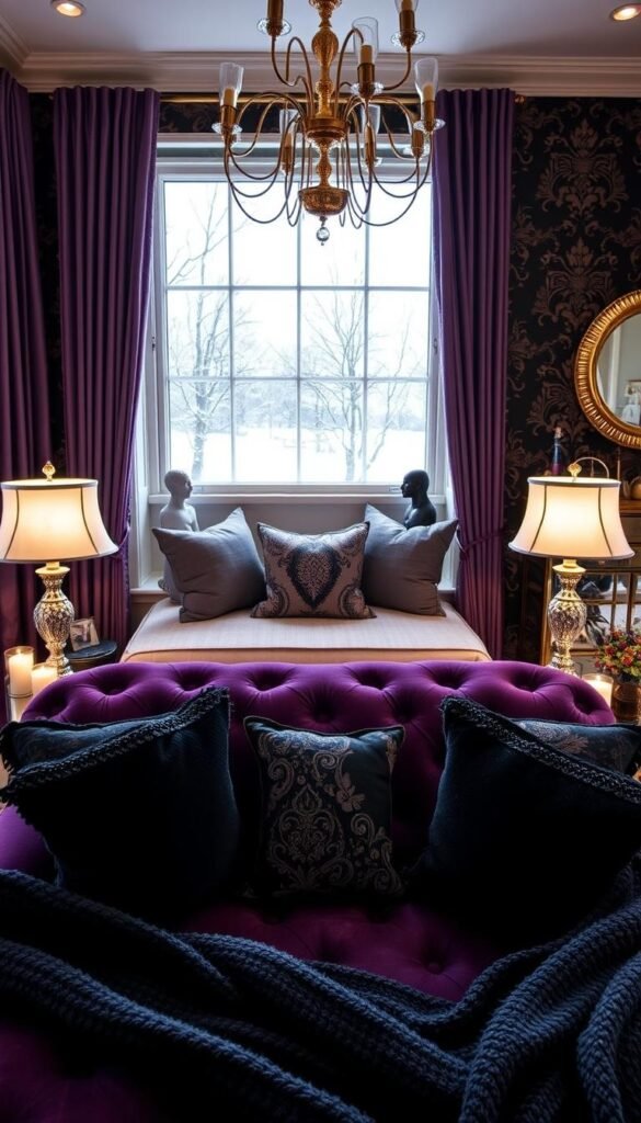 A cozy, seasonal purple and black bedroom with plush textiles, glowing candles, and elegant decor. In the foreground, a luxurious tufted headboard in deep aubergine, accented with black throw pillows and a knit blanket. On the side tables, ornate lamps cast a warm, ambient light. In the middle ground, a cozy window seat with a paisley cushion overlooks a snowy winter landscape. In the background, a dramatic black and gold accent wall, adorned with intricate damask patterns. Subtle metallic accents throughout, including a mirrored vanity and a sleek, modern chandelier. The overall atmosphere is one of sophisticated, seasonal comfort, perfect for a "My Home Dec" feature on purple and black bedroom transformations. A cozy, seasonal purple and black bedroom with plush textiles, glowing candles, and elegant decor. In the foreground, a luxurious tufted headboard in deep aubergine, accented with black throw pillows and a knit blanket. On the side tables, ornate lamps cast a warm, ambient light. In the middle ground, a cozy window seat with a paisley cushion overlooks a snowy winter landscape. In the background, a dramatic black and gold accent wall, adorned with intricate damask patterns. Subtle metallic accents throughout, including a mirrored vanity and a sleek, modern chandelier. The overall atmosphere is one of sophisticated, seasonal comfort, perfect for a "My Home Dec" feature on purple and black bedroom transformations.