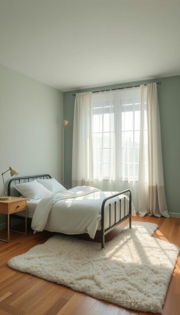 A cozy, serene bedroom with a soothing color palette. Soft, muted tones of sage green and dusty blue adorn the walls, creating a calming atmosphere. The space is flooded with natural light, cascading through a large window adorned with sheer, billowing curtains. A plush, cream-colored rug covers the hardwood floor, while a simple, wooden nightstand and a minimalist metal bed frame complete the relaxing aesthetic. The room exudes a sense of tranquility, perfect for unwinding and recharging. My Home Dec. A cozy, serene bedroom with a soothing color palette. Soft, muted tones of sage green and dusty blue adorn the walls, creating a calming atmosphere. The space is flooded with natural light, cascading through a large window adorned with sheer, billowing curtains. A plush, cream-colored rug covers the hardwood floor, while a simple, wooden nightstand and a minimalist metal bed frame complete the relaxing aesthetic. The room exudes a sense of tranquility, perfect for unwinding and recharging. My Home Dec.
