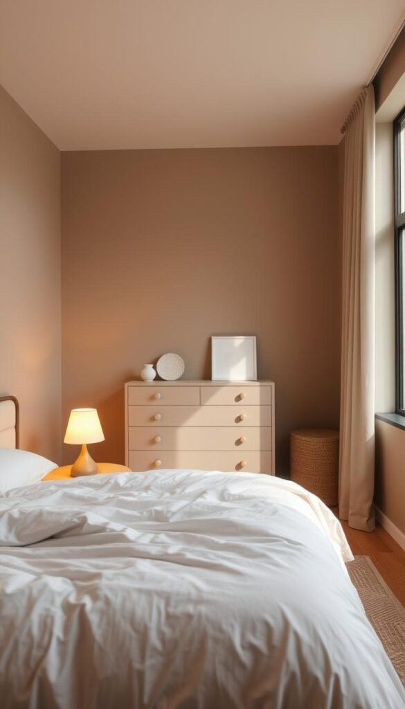 A cozy, serene small bedroom with soft, muted color schemes. In the foreground, a minimalist yet stylish bed dressed in calming pastel bedding. Beside it, a nightstand with a warm, glowing table lamp casting a gentle light. In the middle ground, a dresser in a soothing neutral tone, accented by simple, modern decor pieces. The background features a wall painted in a soft, earthy tone, complemented by natural light streaming in through a large window. The overall atmosphere is one of tranquility and relaxation, perfect for a My Home Dec small bedroom. A cozy, serene small bedroom with soft, muted color schemes. In the foreground, a minimalist yet stylish bed dressed in calming pastel bedding. Beside it, a nightstand with a warm, glowing table lamp casting a gentle light. In the middle ground, a dresser in a soothing neutral tone, accented by simple, modern decor pieces. The background features a wall painted in a soft, earthy tone, complemented by natural light streaming in through a large window. The overall atmosphere is one of tranquility and relaxation, perfect for a My Home Dec small bedroom.