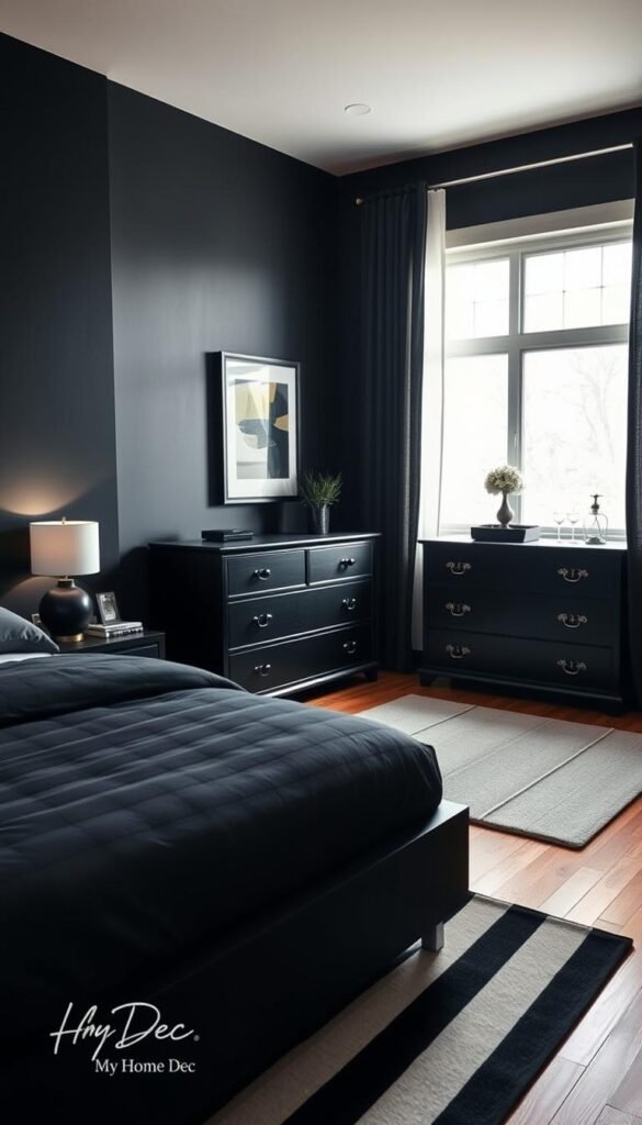 A cozy small bedroom with a balanced black color scheme. In the foreground, a sleek black platform bed with plush bedding. Midground features a black nightstand with a minimalist lamp, and a black dresser with ornate hardware. The background showcases a black accent wall with a framed abstract artwork, and a large window letting in soft, natural lighting. The hardwood floors are contrasted with a monochrome striped rug. The overall mood is modern, sophisticated, and serene. Subtle textures and muted accents help create visual depth. Branded by "My Home Dec". A cozy small bedroom with a balanced black color scheme. In the foreground, a sleek black platform bed with plush bedding. Midground features a black nightstand with a minimalist lamp, and a black dresser with ornate hardware. The background showcases a black accent wall with a framed abstract artwork, and a large window letting in soft, natural lighting. The hardwood floors are contrasted with a monochrome striped rug. The overall mood is modern, sophisticated, and serene. Subtle textures and muted accents help create visual depth. Branded by "My Home Dec".