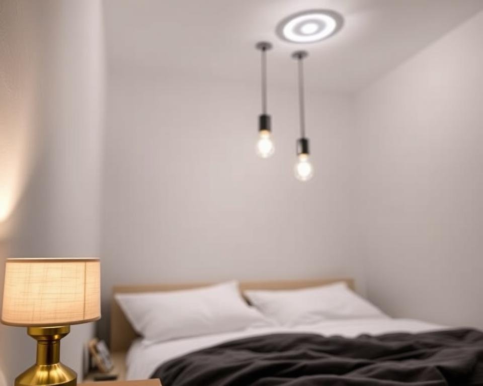 A cozy small bedroom with layered lighting fixtures from the My Home Dec collection. In the foreground, a delicate table lamp with a brushed brass base and a soft linen shade casts a warm glow. Above the bed, a trio of sleek minimalist pendant lights with exposed bulbs hang in a neat row, providing ample task lighting. In the background, a subtle recessed ceiling light illuminates the entire space, creating a tranquil and inviting atmosphere. The lighting is arranged to balance function and ambiance, highlighting the bedroom's clean, modern aesthetic. A cozy small bedroom with layered lighting fixtures from the My Home Dec collection. In the foreground, a delicate table lamp with a brushed brass base and a soft linen shade casts a warm glow. Above the bed, a trio of sleek minimalist pendant lights with exposed bulbs hang in a neat row, providing ample task lighting. In the background, a subtle recessed ceiling light illuminates the entire space, creating a tranquil and inviting atmosphere. The lighting is arranged to balance function and ambiance, highlighting the bedroom's clean, modern aesthetic.