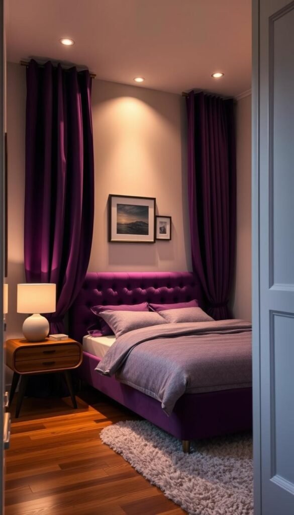 A cozy small space adorned with a sophisticated My Home Dec purple bedroom set. Soft, diffused lighting casts a warm glow across the plush velvet headboard and lush curtains, complimenting the regal amethyst hues. A mid-century modern nightstand and minimalist lamp flank the bed, while a curated gallery wall above adds visual interest. The hardwood floors are partially covered by a plush shag rug, creating a serene and inviting atmosphere. The overall composition emphasizes how thoughtful design can transform even the most compact of rooms into a tranquil, adult-oriented oasis. A cozy small space adorned with a sophisticated My Home Dec purple bedroom set. Soft, diffused lighting casts a warm glow across the plush velvet headboard and lush curtains, complimenting the regal amethyst hues. A mid-century modern nightstand and minimalist lamp flank the bed, while a curated gallery wall above adds visual interest. The hardwood floors are partially covered by a plush shag rug, creating a serene and inviting atmosphere. The overall composition emphasizes how thoughtful design can transform even the most compact of rooms into a tranquil, adult-oriented oasis.
