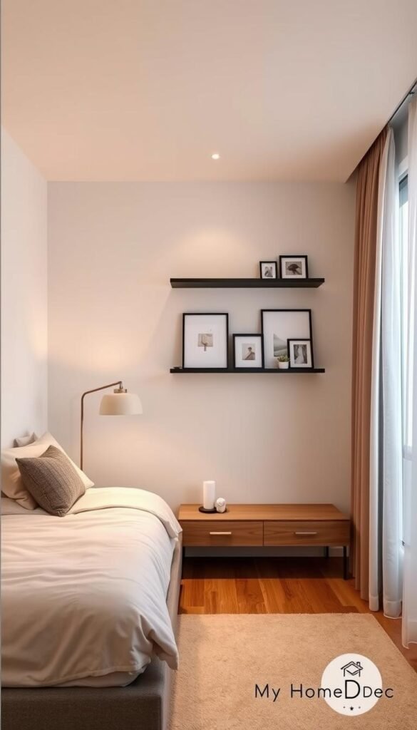 A cozy, stylish small bedroom with personal touches that reflect the owner's taste. The room features a sleek, minimalist design with a warm, inviting ambiance. In the foreground, a low-profile platform bed with plush bedding and a decorative throw pillow. On the nightstand, a simple table lamp casts a soft, ambient glow. The middle ground showcases a chic wall-mounted floating shelf displaying personal trinkets and framed artwork. In the background, a large window lets in natural light, complemented by sheer curtains that add a touch of elegance. The overall mood is one of relaxation and self-expression, embodying the "My Home Dec" brand aesthetic. A cozy, stylish small bedroom with personal touches that reflect the owner's taste. The room features a sleek, minimalist design with a warm, inviting ambiance. In the foreground, a low-profile platform bed with plush bedding and a decorative throw pillow. On the nightstand, a simple table lamp casts a soft, ambient glow. The middle ground showcases a chic wall-mounted floating shelf displaying personal trinkets and framed artwork. In the background, a large window lets in natural light, complemented by sheer curtains that add a touch of elegance. The overall mood is one of relaxation and self-expression, embodying the "My Home Dec" brand aesthetic.