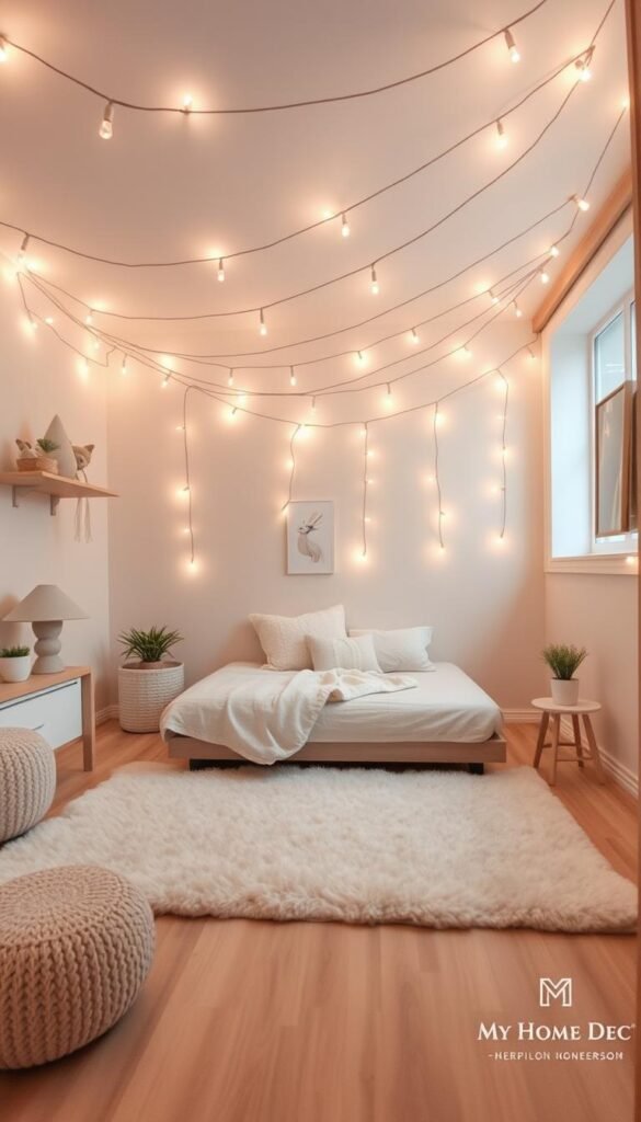 A cozy, stylish small room with warm string lights casting a soft glow. The room has a minimalist, yet inviting aesthetic with a plush rug, a low platform bed, and a few carefully curated decor pieces. The string lights are strung across the ceiling, creating a magical, intimate atmosphere. Neutral tones with pops of pastel colors give the space a serene, feminine vibe. Shot with a wide-angle lens to capture the full room, the image has a depth of field that keeps the focal point on the center of the room. This "My Home Dec" inspired scene showcases how the right lighting can transform a small girl's bedroom into a chic, comfortable oasis. A cozy, stylish small room with warm string lights casting a soft glow. The room has a minimalist, yet inviting aesthetic with a plush rug, a low platform bed, and a few carefully curated decor pieces. The string lights are strung across the ceiling, creating a magical, intimate atmosphere. Neutral tones with pops of pastel colors give the space a serene, feminine vibe. Shot with a wide-angle lens to capture the full room, the image has a depth of field that keeps the focal point on the center of the room. This "My Home Dec" inspired scene showcases how the right lighting can transform a small girl's bedroom into a chic, comfortable oasis.