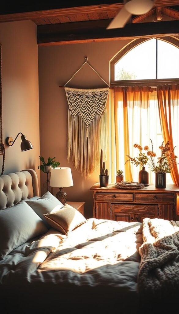 A cozy, sun-dappled bohemian bedroom, curated with natural textures and earthy tones. In the foreground, a plush, tufted headboard is flanked by nightstands holding vintage lamps and potted plants. The middle ground features a macrame wall hanging, casting soft shadows, and a rustic wooden dresser topped with an array of dried botanicals. In the background, a large window lets in warm, golden light, illuminating flowing, sheer curtains and a woven area rug. The overall atmosphere is one of relaxed, intimate comfort. My Home Dec A cozy, sun-dappled bohemian bedroom, curated with natural textures and earthy tones. In the foreground, a plush, tufted headboard is flanked by nightstands holding vintage lamps and potted plants. The middle ground features a macrame wall hanging, casting soft shadows, and a rustic wooden dresser topped with an array of dried botanicals. In the background, a large window lets in warm, golden light, illuminating flowing, sheer curtains and a woven area rug. The overall atmosphere is one of relaxed, intimate comfort. My Home Dec