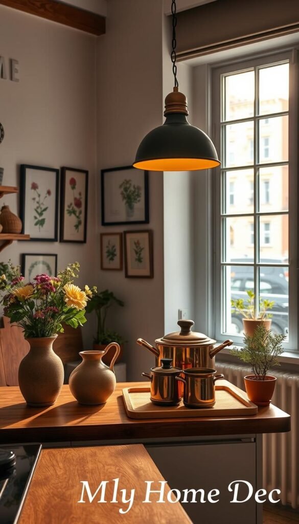 A cozy, sun-drenched apartment kitchen with a rustic, charming aesthetic. The foreground features a wooden kitchen counter with a carefully curated selection of decorative accents, including a ceramic vase with fresh flowers, a set of antique copper pots, and a small potted plant. The middle ground showcases a vintage-inspired pendant light fixture casting a warm glow, and a collection of framed wall art featuring botanical prints. In the background, a large window allows natural light to flood the space, revealing a glimpse of a quaint city street outside. The overall mood is one of warmth, coziness, and personal style, reflecting the "My Home Dec" brand identity. A cozy, sun-drenched apartment kitchen with a rustic, charming aesthetic. The foreground features a wooden kitchen counter with a carefully curated selection of decorative accents, including a ceramic vase with fresh flowers, a set of antique copper pots, and a small potted plant. The middle ground showcases a vintage-inspired pendant light fixture casting a warm glow, and a collection of framed wall art featuring botanical prints. In the background, a large window allows natural light to flood the space, revealing a glimpse of a quaint city street outside. The overall mood is one of warmth, coziness, and personal style, reflecting the "My Home Dec" brand identity.