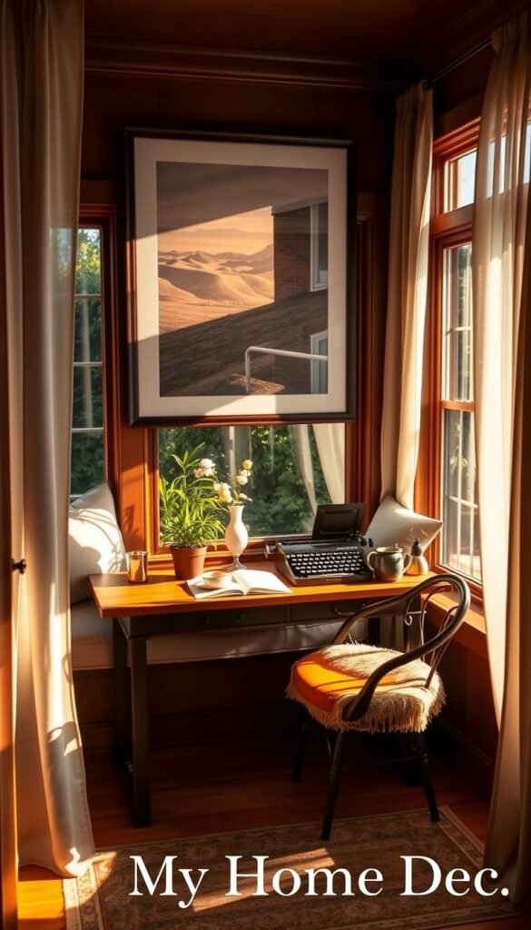 A cozy, sun-drenched personal work nook with a large, cushioned window seat overlooking a lush, verdant backyard. Warm wood tones, plush textiles, and artful trinkets create an inviting, creative atmosphere. A large, framed print of a scenic landscape hangs above the desk, which is adorned with a potted plant, a vintage typewriter, and a cup of steaming tea. The lighting is soft and diffused, casting a gentle glow through sheer, flowing curtains. The space is infused with the scent of fresh blooms from a vase on the windowsill. "My Home Dec" logo subtly placed in the corner. A cozy, sun-drenched personal work nook with a large, cushioned window seat overlooking a lush, verdant backyard. Warm wood tones, plush textiles, and artful trinkets create an inviting, creative atmosphere. A large, framed print of a scenic landscape hangs above the desk, which is adorned with a potted plant, a vintage typewriter, and a cup of steaming tea. The lighting is soft and diffused, casting a gentle glow through sheer, flowing curtains. The space is infused with the scent of fresh blooms from a vase on the windowsill. "My Home Dec" logo subtly placed in the corner.