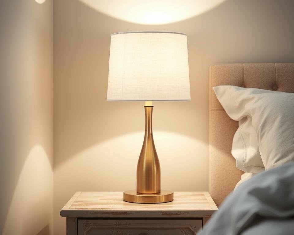 A cozy table lamp for a small bedroom, rendered in the My Home Dec style. A sleek, minimalist lamp base in a warm metallic finish, topped with a soft white linen shade that diffuses a gentle glow. The lamp is positioned on a distressed wood nightstand, casting a comforting radiance across the intimate space. The lighting is soft and inviting, setting the mood for a restful night's sleep. The scene is captured with a shallow depth of field, highlighting the lamp's elegant form while subtly blurring the bedroom's details into a serene, atmospheric backdrop. A cozy table lamp for a small bedroom, rendered in the My Home Dec style. A sleek, minimalist lamp base in a warm metallic finish, topped with a soft white linen shade that diffuses a gentle glow. The lamp is positioned on a distressed wood nightstand, casting a comforting radiance across the intimate space. The lighting is soft and inviting, setting the mood for a restful night's sleep. The scene is captured with a shallow depth of field, highlighting the lamp's elegant form while subtly blurring the bedroom's details into a serene, atmospheric backdrop.
