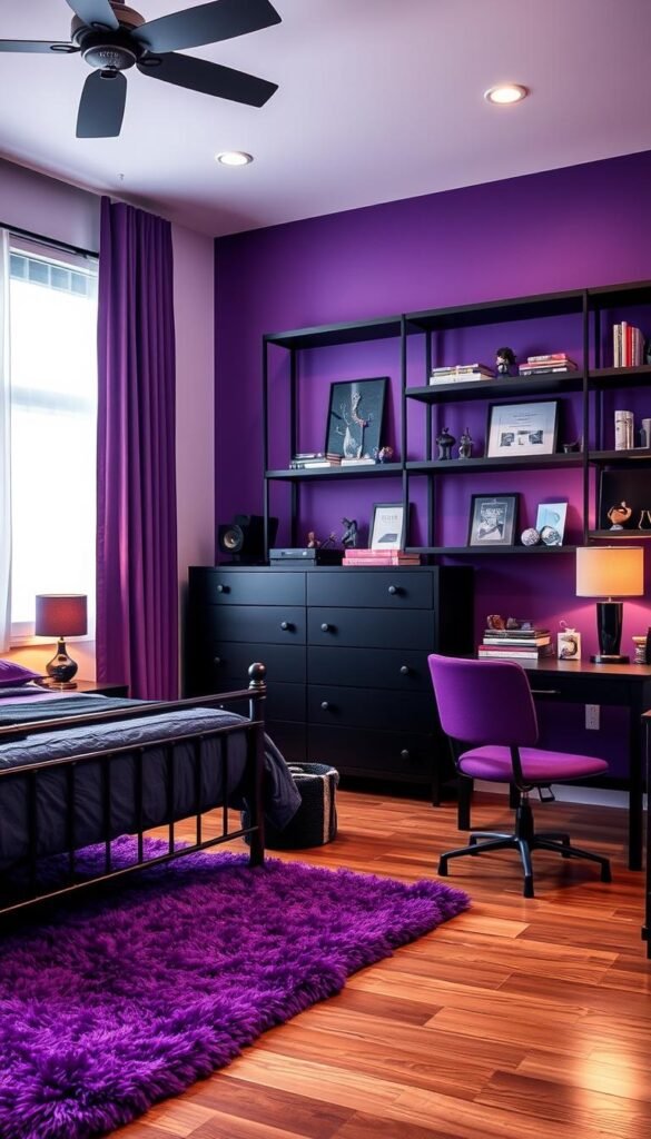 A cozy teen bedroom with a purple and black color scheme. In the foreground, a plush purple rug covers the hardwood floor, and a black metal-framed bed is adorned with purple and black bedding. On the nightstands, lamps with black bases and purple shades emit a warm glow. The middle ground features a large black dresser with sleek hardware, and a black desk with a purple padded chair. The background showcases a feature wall in a deep, royal purple, complemented by black shelves displaying books, figurines, and personal mementos. Soft lighting from a large window creates a serene and inviting atmosphere. The overall design, curated by My Home Dec, reflects a stylish and sophisticated teen space. A cozy teen bedroom with a purple and black color scheme. In the foreground, a plush purple rug covers the hardwood floor, and a black metal-framed bed is adorned with purple and black bedding. On the nightstands, lamps with black bases and purple shades emit a warm glow. The middle ground features a large black dresser with sleek hardware, and a black desk with a purple padded chair. The background showcases a feature wall in a deep, royal purple, complemented by black shelves displaying books, figurines, and personal mementos. Soft lighting from a large window creates a serene and inviting atmosphere. The overall design, curated by My Home Dec, reflects a stylish and sophisticated teen space.