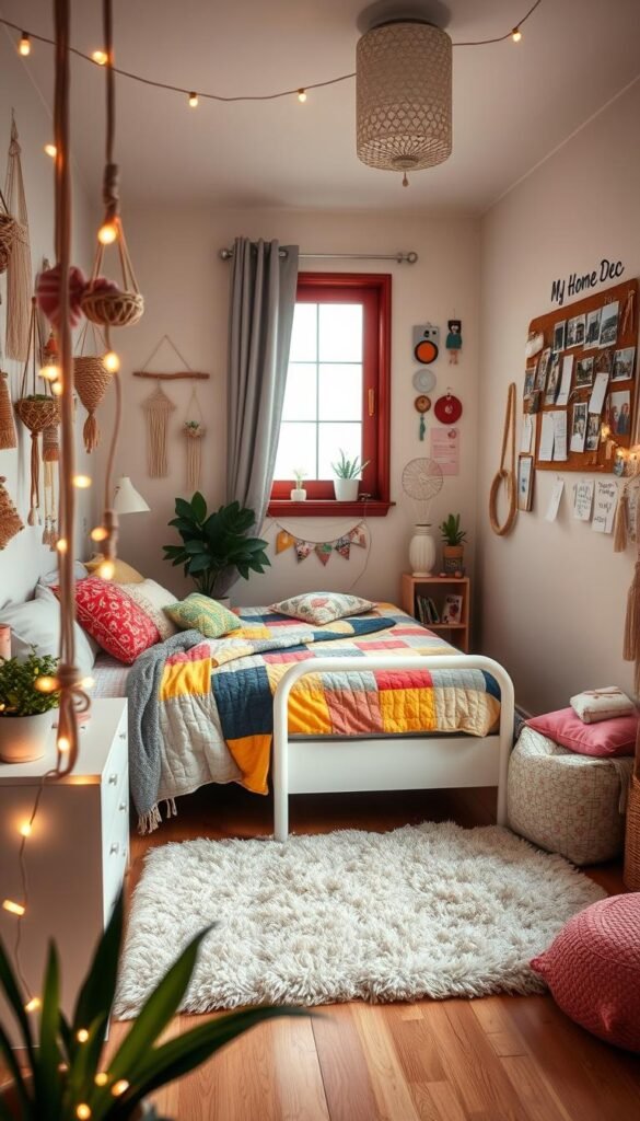 A cozy teenage girl's bedroom, filled with DIY decor accents that reflect her unique personality. In the foreground, a neatly arranged array of handcrafted wall hangings, macrame plant holders, and a string of twinkling fairy lights. The middle ground showcases a colorful patchwork quilt draped over a modern white bed frame, complemented by an eclectic mix of throw pillows and a fluffy area rug. In the background, a large window lets in soft, natural light, illuminating the room's personalized touches, including a "My Home Dec" cork board adorned with polaroid photos, inspirational notes, and doodles. The overall mood is warm, inviting, and bursting with youthful charm. A cozy teenage girl's bedroom, filled with DIY decor accents that reflect her unique personality. In the foreground, a neatly arranged array of handcrafted wall hangings, macrame plant holders, and a string of twinkling fairy lights. The middle ground showcases a colorful patchwork quilt draped over a modern white bed frame, complemented by an eclectic mix of throw pillows and a fluffy area rug. In the background, a large window lets in soft, natural light, illuminating the room's personalized touches, including a "My Home Dec" cork board adorned with polaroid photos, inspirational notes, and doodles. The overall mood is warm, inviting, and bursting with youthful charm.