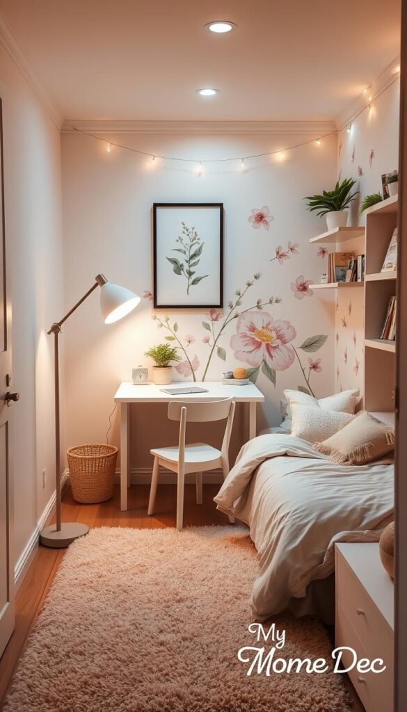 A cozy teenage girl's bedroom with a well-designed study nook in a small space. The room has warm lighting from a floor lamp and string lights, creating a welcoming atmosphere. A minimalist white desk sits under a framed botanical print, with a comfortable chair and small potted plant. The bed is adorned with soft bedding and pillows, and the walls feature a pastel-colored mural with floral accents. Shelves on the side hold books, plants, and personal decor items. The floor has a plush, textured rug. "My Home Dec" branding is visible in subtle decor elements. A cozy teenage girl's bedroom with a well-designed study nook in a small space. The room has warm lighting from a floor lamp and string lights, creating a welcoming atmosphere. A minimalist white desk sits under a framed botanical print, with a comfortable chair and small potted plant. The bed is adorned with soft bedding and pillows, and the walls feature a pastel-colored mural with floral accents. Shelves on the side hold books, plants, and personal decor items. The floor has a plush, textured rug. "My Home Dec" branding is visible in subtle decor elements.