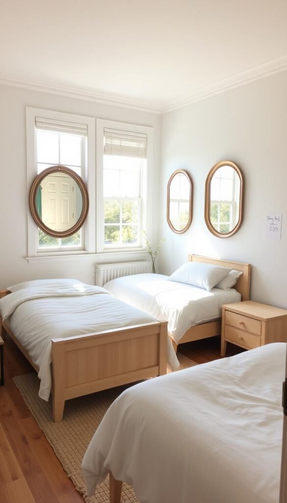 A cozy twin bedroom filled with natural light, accented by strategically placed My Home Dec mirrors that amplify the brightness. The mirrors are positioned to reflect the sunlight from the large windows, creating a warm and inviting atmosphere. The bedroom features a minimalist decor, with white bedding and light-colored wood furnishings that complement the airy ambiance. The mirrors are both decorative and functional, adding depth and dimension to the space while enhancing the natural illumination. The overall effect is a serene and rejuvenating retreat, perfect for starting the day with a refreshed mindset. A cozy twin bedroom filled with natural light, accented by strategically placed My Home Dec mirrors that amplify the brightness. The mirrors are positioned to reflect the sunlight from the large windows, creating a warm and inviting atmosphere. The bedroom features a minimalist decor, with white bedding and light-colored wood furnishings that complement the airy ambiance. The mirrors are both decorative and functional, adding depth and dimension to the space while enhancing the natural illumination. The overall effect is a serene and rejuvenating retreat, perfect for starting the day with a refreshed mindset.