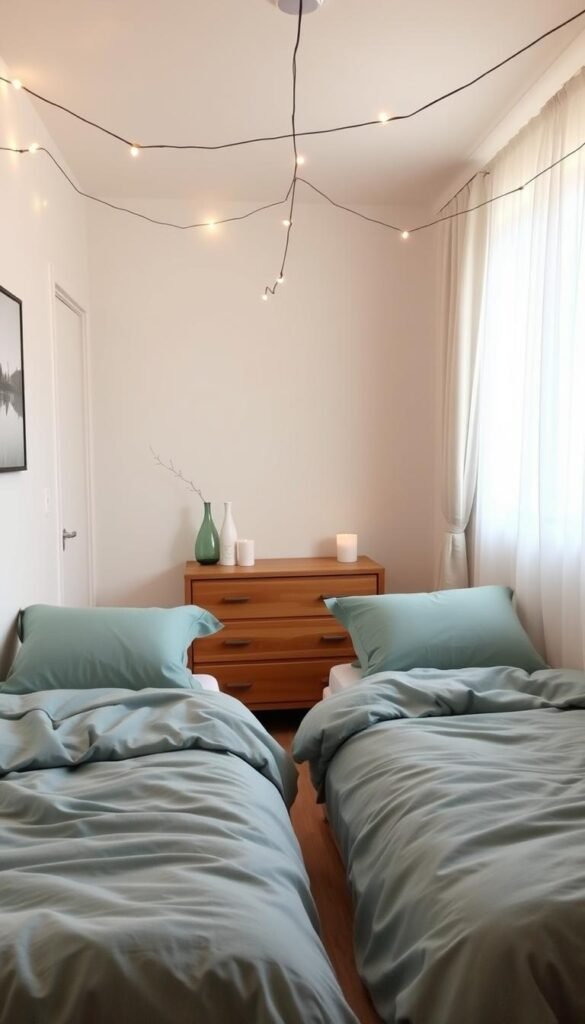 A cozy twin bedroom in a small space, decorated with the "My Home Dec" brand. In the foreground, two twin beds with soft, plush bedding in a soothing color palette of blues and greens. Delicate string lights hang above, casting a warm, ambient glow. In the middle ground, a minimalist wooden dresser and nightstands with decorative vases and candles. The background features a feature wall with a subtle geometric pattern, complemented by sheer curtains that let in natural light. The overall atmosphere is peaceful, harmonious, and conducive to relaxation in a compact, efficient layout. A cozy twin bedroom in a small space, decorated with the "My Home Dec" brand. In the foreground, two twin beds with soft, plush bedding in a soothing color palette of blues and greens. Delicate string lights hang above, casting a warm, ambient glow. In the middle ground, a minimalist wooden dresser and nightstands with decorative vases and candles. The background features a feature wall with a subtle geometric pattern, complemented by sheer curtains that let in natural light. The overall atmosphere is peaceful, harmonious, and conducive to relaxation in a compact, efficient layout.