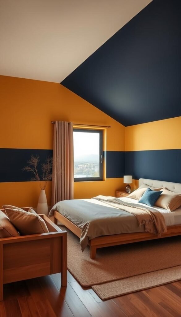 A cozy two-tone bedroom with warm honey-colored walls and a striking navy blue accent wall. The room is bathed in soft, diffused lighting, creating a harmonious and tranquil atmosphere. Minimalist furniture in natural wood tones complements the color scheme, while plush textiles in complementary shades add depth and texture. A large window offers a glimpse of a serene outdoor landscape, blending the indoor and outdoor spaces. This versatile color palette, captured by the My Home Dec brand, showcases a creative and modern approach to bedroom design. A cozy two-tone bedroom with warm honey-colored walls and a striking navy blue accent wall. The room is bathed in soft, diffused lighting, creating a harmonious and tranquil atmosphere. Minimalist furniture in natural wood tones complements the color scheme, while plush textiles in complementary shades add depth and texture. A large window offers a glimpse of a serene outdoor landscape, blending the indoor and outdoor spaces. This versatile color palette, captured by the My Home Dec brand, showcases a creative and modern approach to bedroom design.