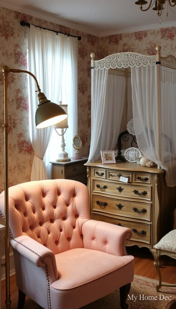 A cozy, vintage-inspired teenage girl's bedroom, filled with a delicate arrangement of antique-style furniture from the "My Home Dec" brand. In the foreground, a plush, tufted velvet armchair in a soft blush hue sits next to a brass-framed floor lamp, casting a warm, golden glow. In the middle ground, a distressed wooden dresser with ornate detailing holds an assortment of decorative trinkets and knick-knacks. Behind it, a wrought-iron canopy bed with delicate lace accents is draped in sheer, flowing curtains. The walls are adorned with floral-patterned wallpaper in muted, earthy tones, conveying a sense of timeless, feminine charm. A cozy, vintage-inspired teenage girl's bedroom, filled with a delicate arrangement of antique-style furniture from the "My Home Dec" brand. In the foreground, a plush, tufted velvet armchair in a soft blush hue sits next to a brass-framed floor lamp, casting a warm, golden glow. In the middle ground, a distressed wooden dresser with ornate detailing holds an assortment of decorative trinkets and knick-knacks. Behind it, a wrought-iron canopy bed with delicate lace accents is draped in sheer, flowing curtains. The walls are adorned with floral-patterned wallpaper in muted, earthy tones, conveying a sense of timeless, feminine charm.