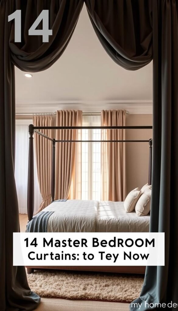 A cozy, well-appointed master bedroom with luxurious curtains in a harmonious color palette that creates a serene and inviting ambiance. In the foreground, soft velvet drapes in a rich, jewel-toned hue cascade gracefully, framing the large, four-poster bed. The middle ground showcases a tranquil scene, with a plush area rug and complementary throw pillows that tie the color scheme together. In the background, sheer linen curtains in a lighter, complementary shade allow natural light to filter in, casting a warm glow and adding depth to the space. The overall scene evokes a sense of relaxation and sophistication, perfect for the "Color Strategies That Transform Your Space" section of the "14 Master Bedroom Curtain Ideas to Try Now" article by My Home Dec. A cozy, well-appointed master bedroom with luxurious curtains in a harmonious color palette that creates a serene and inviting ambiance. In the foreground, soft velvet drapes in a rich, jewel-toned hue cascade gracefully, framing the large, four-poster bed. The middle ground showcases a tranquil scene, with a plush area rug and complementary throw pillows that tie the color scheme together. In the background, sheer linen curtains in a lighter, complementary shade allow natural light to filter in, casting a warm glow and adding depth to the space. The overall scene evokes a sense of relaxation and sophistication, perfect for the "Color Strategies That Transform Your Space" section of the "14 Master Bedroom Curtain Ideas to Try Now" article by My Home Dec.