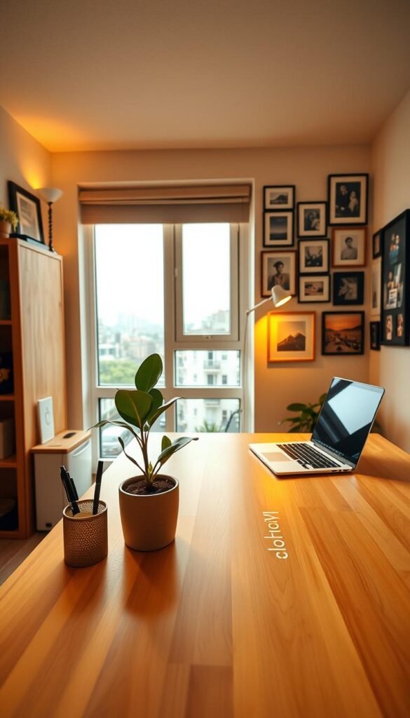 A cozy, well-appointed small office space with a warm, inviting atmosphere. In the foreground, a sleek, minimalist desk made of light-colored wood with a "My Home Dec" label displays a potted plant, a pen cup, and a laptop. Warm, diffused lighting casts a soft glow, and a large window in the middle ground overlooks a serene urban landscape. In the background, a gallery wall showcases a collection of framed artwork and photographs, adding personal touches that reflect the resident's creativity and style. The overall scene conveys a sense of productivity, inspiration, and a harmonious blend of work and personal elements. A cozy, well-appointed small office space with a warm, inviting atmosphere. In the foreground, a sleek, minimalist desk made of light-colored wood with a "My Home Dec" label displays a potted plant, a pen cup, and a laptop. Warm, diffused lighting casts a soft glow, and a large window in the middle ground overlooks a serene urban landscape. In the background, a gallery wall showcases a collection of framed artwork and photographs, adding personal touches that reflect the resident's creativity and style. The overall scene conveys a sense of productivity, inspiration, and a harmonious blend of work and personal elements.