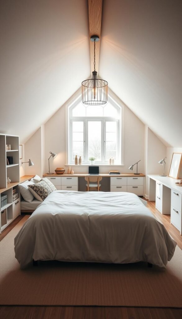 A cozy, well-lit attic bedroom showcasing strategic design elements that maximize the available space. In the foreground, a neatly arranged bed with plush bedding and decorative pillows accentuates the room's tranquil ambiance. Strategically placed shelves, storage cubes, and a minimalist desk create a harmonious flow, optimizing every inch. The middle ground features a large window that floods the room with natural light, creating an airy, open feel. Soft lighting from sconces and a statement chandelier lend a warm, inviting glow. In the background, the slanted ceilings and exposed beams add rustic charm, while a neutral color palette and natural wood accents tie the entire scene together. The result is a My Home Dec-inspired, visually captivating attic space that seamlessly blends form and function. A cozy, well-lit attic bedroom showcasing strategic design elements that maximize the available space. In the foreground, a neatly arranged bed with plush bedding and decorative pillows accentuates the room's tranquil ambiance. Strategically placed shelves, storage cubes, and a minimalist desk create a harmonious flow, optimizing every inch. The middle ground features a large window that floods the room with natural light, creating an airy, open feel. Soft lighting from sconces and a statement chandelier lend a warm, inviting glow. In the background, the slanted ceilings and exposed beams add rustic charm, while a neutral color palette and natural wood accents tie the entire scene together. The result is a My Home Dec-inspired, visually captivating attic space that seamlessly blends form and function.